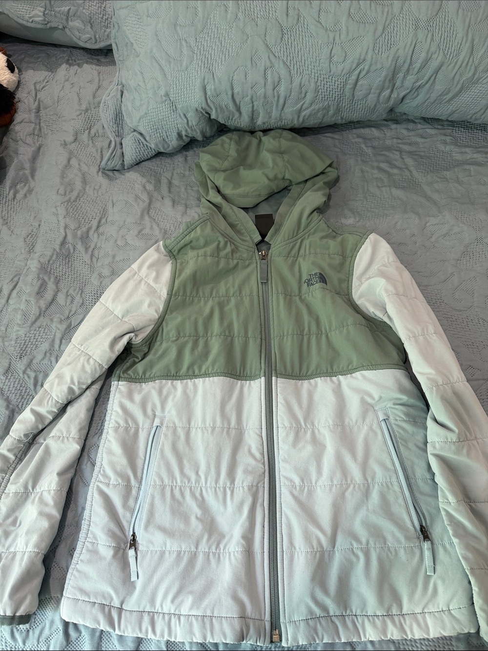 The North Face Green and Light Blue Quilted Hooded Jacket